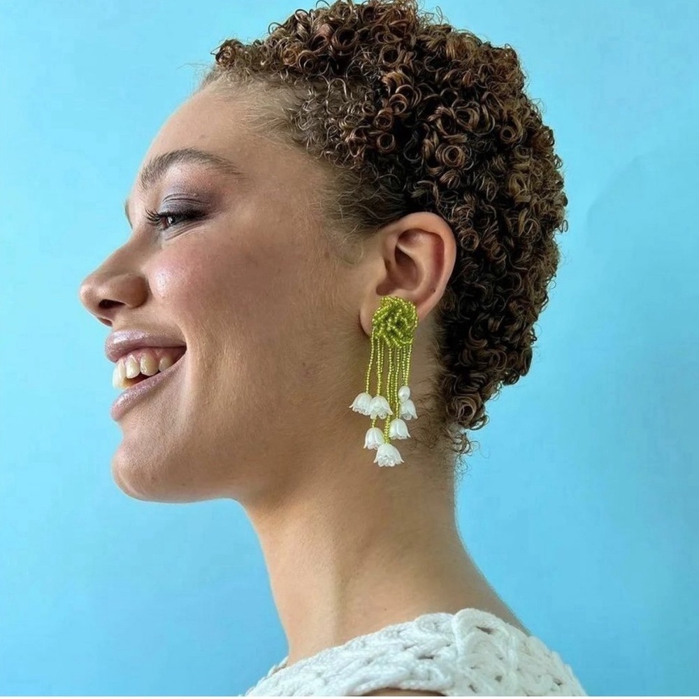 Green Beaded Tulip Drop Earrings